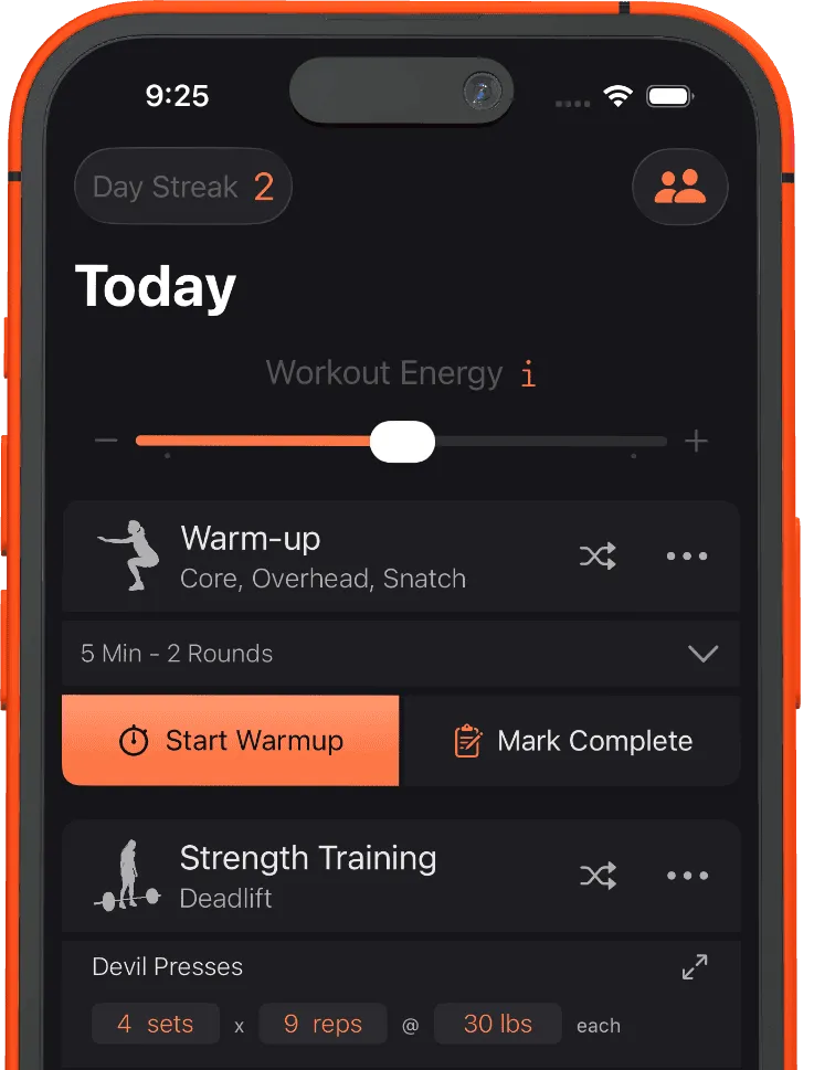 ARDOR app: today's workout with the workout energy slider
